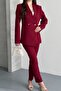 Women's Two-Piece Suit Blazer Jacket Pants - Stylish Burgundy Suit with Button and Pleat Detailing - 6