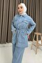 Women's Belted Denim Jacket and Trousers with Pocket Detail Set Blue - 2