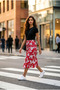 Women's Red Floral Patterned Long Skirt with Elastic Waist - Comfortable Cut Maxi Skirt - 2