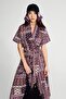 Burgundy 100% Cotton Patterned Belted V-Neck Poplin Dress Model Code: 40H2Dv0C3Burgundy - 5