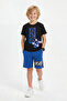 Skate Print Detailed Summer Round Neck Boys' Top and Bottom Set - 2
