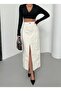 Women's Ecru High Waist Slit Long Denim Skirt