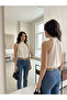 Women's Ecru Stand-Up Collar Sleeveless Pleated Sandy Fabric Blouse - 2
