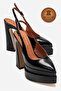 Genuine Leather Women's Black Patent Leather Open Back Pointed Toe Double Platform High Heeled Shoes Medelode - 2