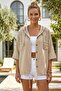 Beige Hooded Short Sleeve Double Pocket Embroidered Hem Tie-Up Casual Muslin Woven Jacket 63 63