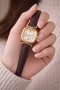 Henna Luxury Women's Wristwatch - Vintage Square Case Gold Detailed Bitter Brown Leather Strap Premium Watch - 2