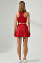 Red High Waist Double Layer Mini Skirt Tennis Skirt and Zipper Bustier Crop Set - 6