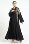 2 Pieces Nida Fabric Premium Full Black Open Abaya Set With Inner Floral Embroidery Muslim Hijab - 2