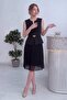 Women's Black Pleated Belted Midi Length Evening Dress - 3