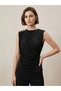 Women's Black Boat Neck Sleeveless Sandy Fabric Blouse with Buttoned Shoulders and Gathered Detail - 4