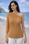 Women's Asymmetrical Collar Single Sleeve Openwork Special Design Stylish Knitted Patterned Camel Knitwear Blouse - 6