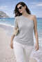 Women's Asymmetrical Collar Single Sleeve Openwork Special Design Stylish Knitted Patterned Gray Knitwear Blouse