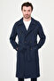 Straight Slim Fit Belted Double-Breasted Long Men's Trenchcoat Navy Blue - 21340.26Y - 7