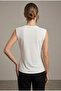 Women's Ecru Boat Neck Sleeveless Sandy Fabric Blouse with Buttoned Shoulders and Gathered Detail - 7