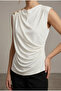 Women's Ecru Boat Neck Sleeveless Sandy Fabric Blouse with Buttoned Shoulders and Gathered Detail - 5