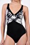 Women's Floral Patterned Cross Detailed Gathering Black Swimsuit - 2
