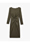 Long Sleeve Round Neck Midi Length Dress with Draped Detail - 3
