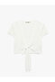Short Sleeve Wrinkled Double-Breasted Tie Detail V-Neck Crop T-Shirt - 3