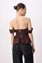 Kahverengi Büzgülü Peplum Detaylı Poplin Party Büstiyer TPRSS26BS00008 - 6