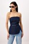 Koyu Mavi Kemer Detaylı Az Esnek Straplez Denim Bluz TWOSS26BZ00656