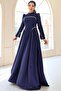 Pearl Detailed Crepe and Satin Combination Flared Hijab Dark Blue 1686