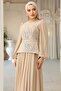 Front Stone Detailed Patterned Crepe and Chiffon Combination Hijab Evening Dress Bej 1689 - 4