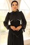 Yoryo Silk Crepe Combination Hijab Evening Dress with Lace and Pearl Detail Black 1685 - 6