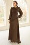 Yoryo Silk Hijab Evening Dress with Pearl and Pleated Detail Brown 1249