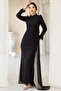 Beli Cape Detailed Stone Decorated Lace Hijab Evening Dress Black 1252 - 5