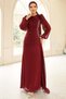 Yoryo Silk Hijab Evening Dress with Pearl and Pleated Detail Bordo 1249