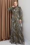 Exclusive Hijab Evening Dress with Feather Detail on the Sleeve, Bead and Sequin Embellishments Green 1000-m - 5