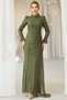 Beli Cape Detailed Stone Decorated Lace Hijab Evening Dress Green 1252 - 3