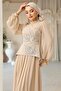 Front Stone Detailed Patterned Crepe and Chiffon Combination Hijab Evening Dress Bej 1689 - 2
