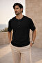 Roth Relaxed Fit Casual Henley Collar Waffle Fabric Summer Short Sleeve T-Shirt - Black - 4