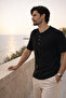 Roth Relaxed Fit Casual Henley Collar Waffle Fabric Summer Short Sleeve T-Shirt - Black - 5