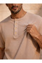 Roth Relaxed Fit Casual Henley Collar Waffle Fabric Summer Short Sleeve T-Shirt - Beige - 3