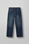 Men's Front Seam Detailed Washed Baggy Jeans Dark Blue