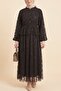 Stand collar flog printed balloon sleeve waist tied skirted lined tulle set - coffee - 3