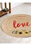 Boho 911 Love Patterned Round Natural Color Double Sided Carpet Made with Jute Nature Yarn - 3