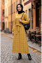 Striped Belted Elastic Sleeve Winter Dress 2505-02 Mustard