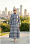 Plaid Patterned Belted Hijab Dress 2218-02 Navy Blue Green