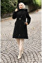 Fur Hooded Belted Quilted Coat 6307-01 Black