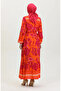 Orange Viscose Belted Large Flower Patterned Dress - 0386-02 - 5