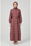 Plaid Patterned Belted Hijab Dress 2219-01 Claret Red - 3