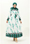 Waist gathered digital printed dress 1115-04 green white - 2