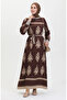 Patterned Belted Viscose Dress 0443-03 Brown - 2