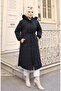 Large Size Lace-Up Waist Hooded Coat 6343-01 Black