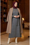 Striped Belted Elastic Sleeve Winter Dress 2505-01 Gray - 2
