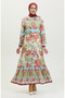 Beige Dried Rose Viscose Dress - Patterned and Belted, Model 0384-03