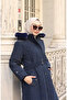 Large Size Hooded Belted Coat 6322-02 Navy Blue - 3